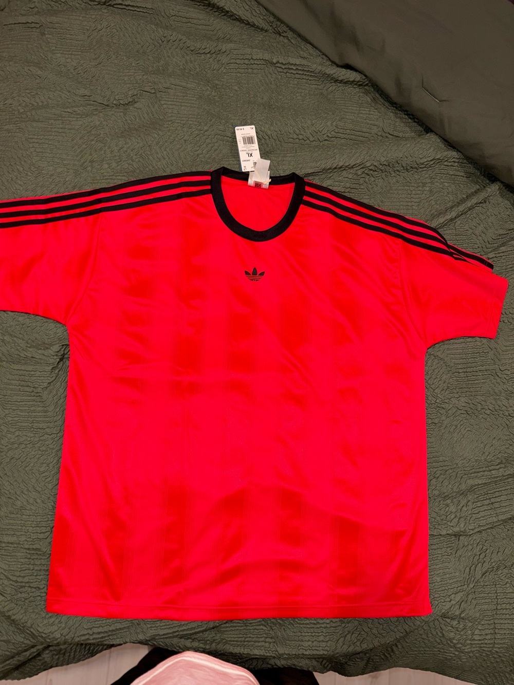 adidas Red Tee with Black Trim and Shoulder Stripes